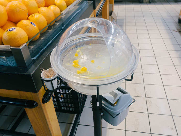 Chinese consumers tend to be fanatical about the quality of their fruit, so there are numerous fruit-tasting stations in the produce section. But it looked like it had been a while since they