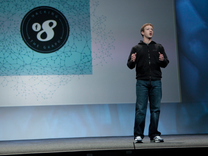 By 2010, Zuckerberg switched to a black hoodie with Facebook symbols embroidered on the front. Here, he