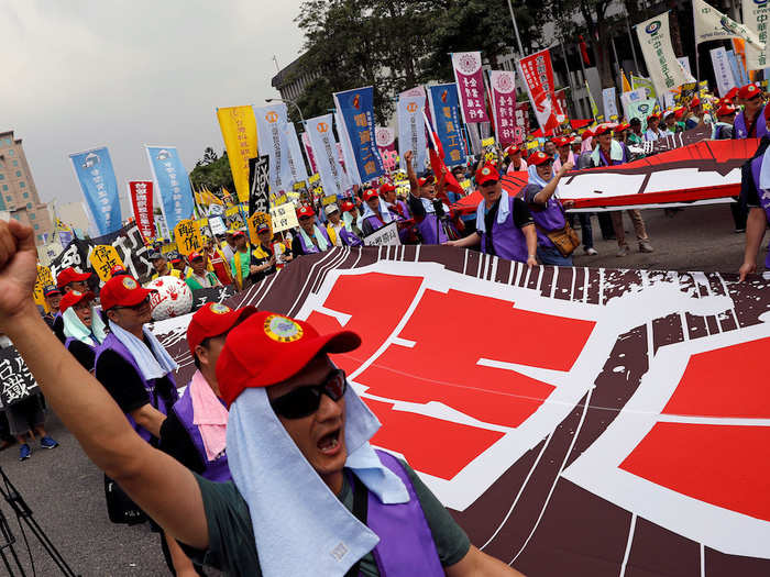 But in Taipei, Taiwan no one was laughing as workers took to the streets to protest their long hours.