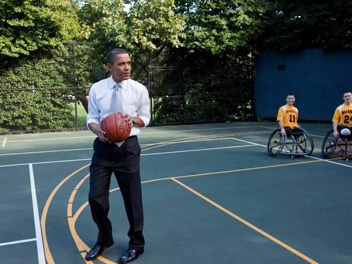 Former President Barack Obama had lines painted and hoops installed to adapt the tennis court for basketball. The court can fit a full-size team.