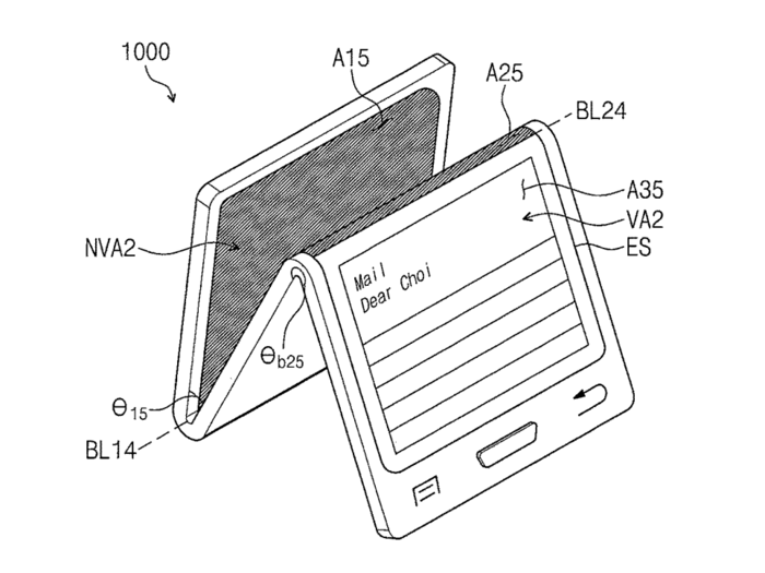 Or it can be folded into a triangular shape to show you a single section of the foldable display while upright.