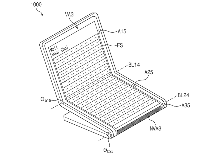 The trifold design can be folded so it can support itself and show two of the three display sections.