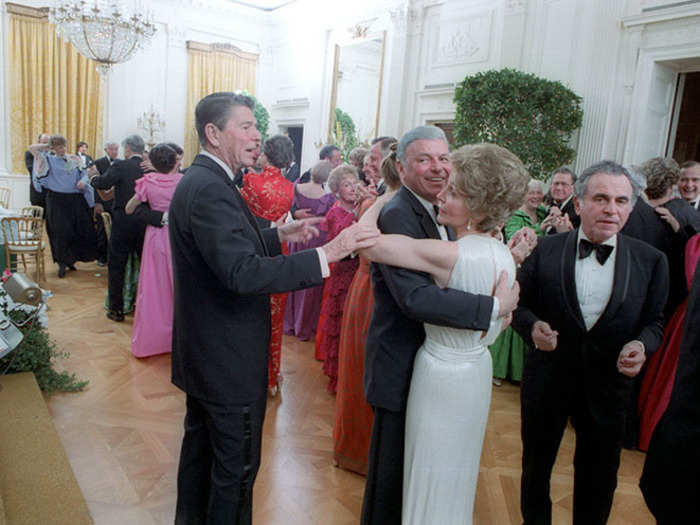 In this famous photo of Sinatra, Reagan cut in to dance with his wife.