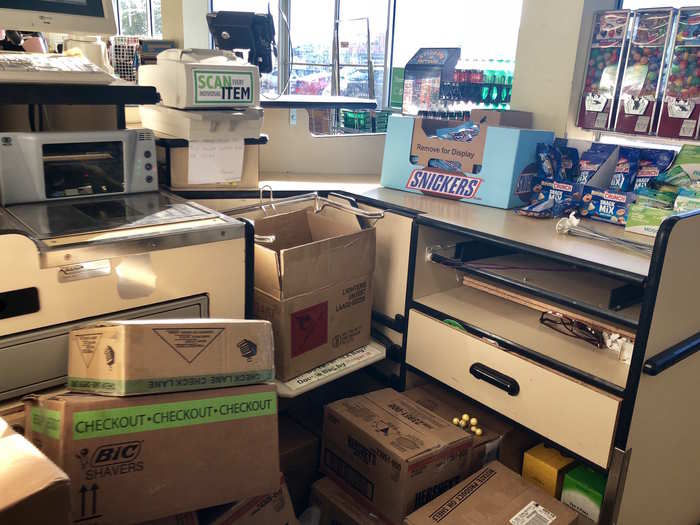 One of the registers was blocked by a tower of boxes.