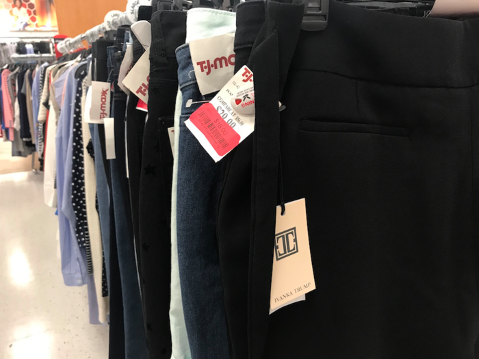 In February 2017, TJ Maxx pulled back from the Ivanka Trump brand and told employees to throw away signs advertising the brand. We found a pair of Ivanka Trump trousers hidden in the clearance section.