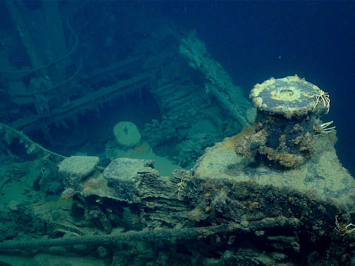 On the first dive, the ROV came across this tugboat, named New Hope. The tug went down during a severe tropical storm in 1965, and though the ship was lost, the Coast Guard managed to save everyone on board.