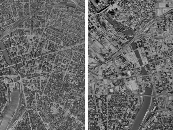 The highway used to sever downtown Rochester on all sides, as seen in these aerial photos which show the city before and after the Inner Loop