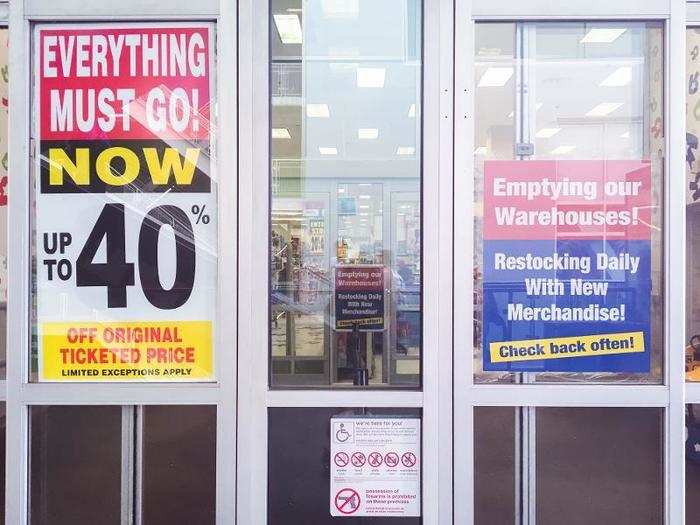 The outside of the store was plastered with signs advertising up to 40% off everything and new merchandise daily.