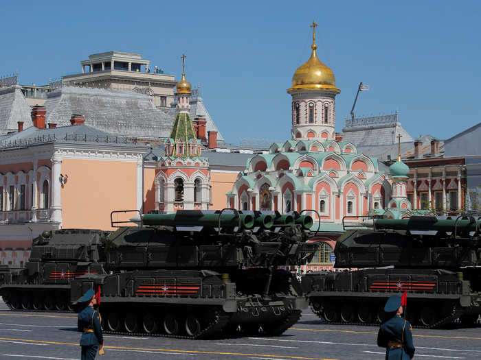 As well as the sheer quantity of soldiers on foot, Russia was keen to display some of its firepower, like these BUK missile launchers.