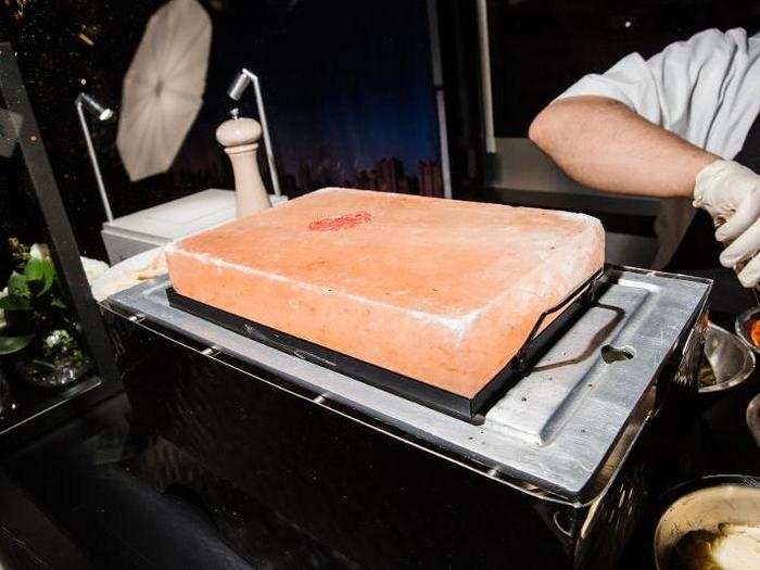 Thin slices of beef for the appetizers were prepared on a Himalayan salt block.