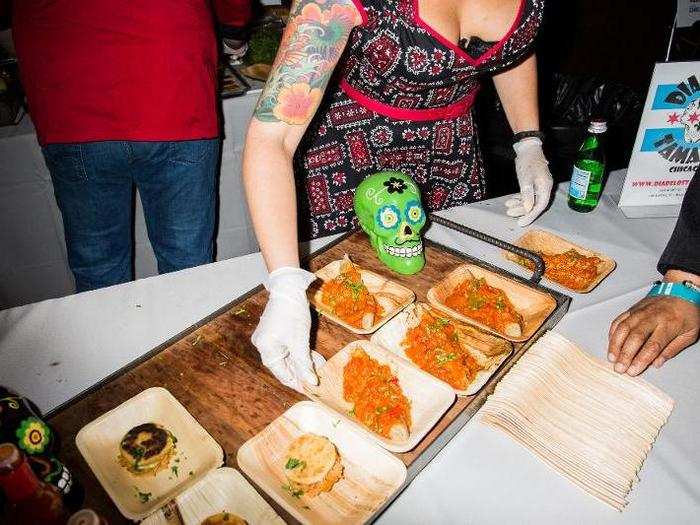 Dia De Los Tamales handed out ropa vieja tamales with sofrito sauce, plus mini arepas with chicken, avocado, and spicy mango sauce.