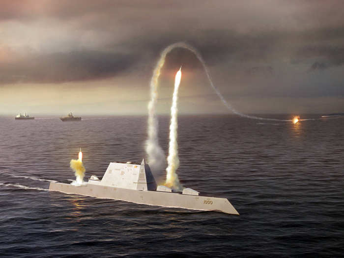 The Zumwalt has 80 Advanced Vertical Launch Cells from which it can fire Tomahawk, Evolved Sea Sparrow, and other guided missiles.