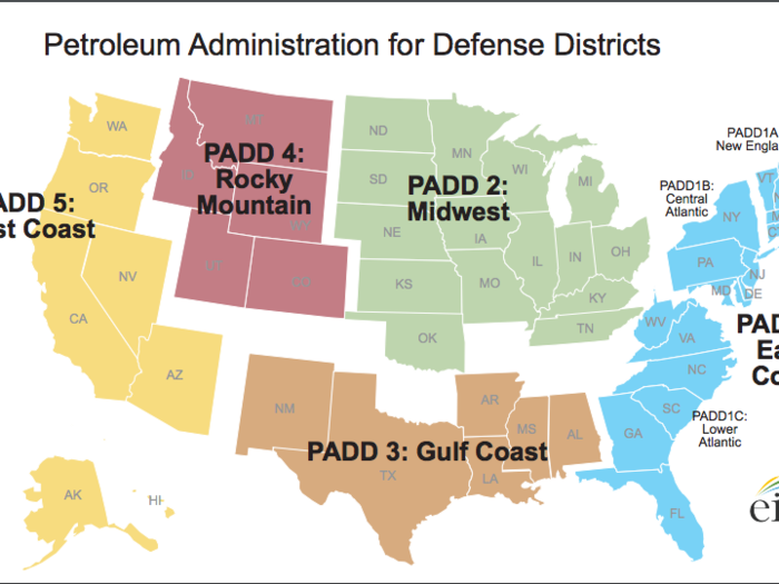 Lastly, the Petroleum Administration for Defense uses this map of five regions, originally drawn up in 1942 to ration the country