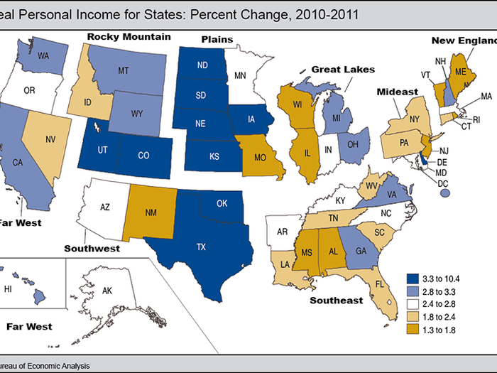 The Bureau of Economic Analysis goes with this eight-region map of the US. Its regions are New England, the Mideast, the Southeast, the Great Lakes, the Plains, the Southwest, the Rocky Mountains, and the Far West.