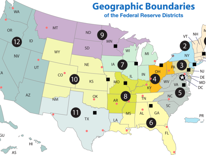 The Federal Reserve splits up the US into 12 districts, each containing a Federal Reserve Bank.