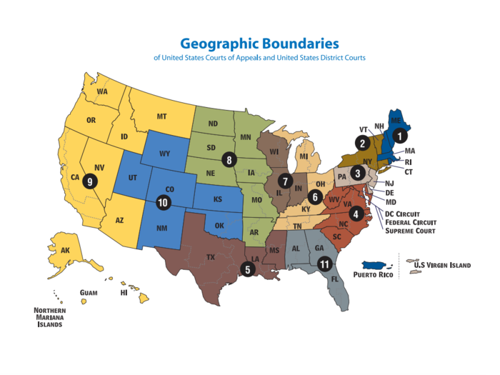 The US federal courts system divides the US into 11 regions, each one containing a US court of appeals.