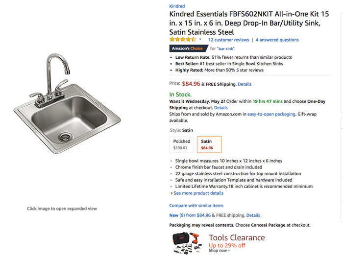 A Kindred Essentials kitchen sink on Amazon is $79.99, the same as at Home Depot.