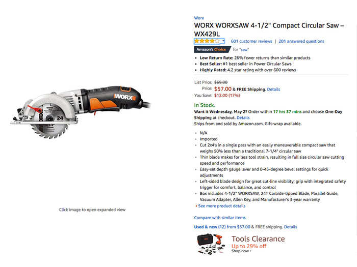 A compact circular saw is also the same price at both Amazon and Home Depot: $57.