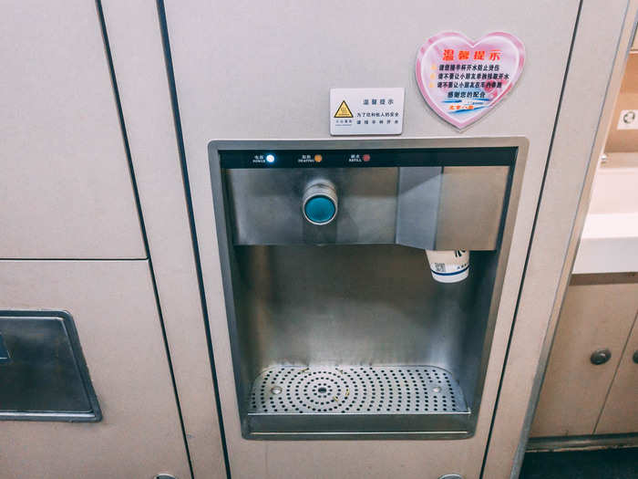 Every carriage has a hot water dispenser. Chinese people drink a lot of tea. This came in handy when I took the train back to Beijing and had to eat instant noodles. As for the question you are all wondering: The bathrooms were Western-style and pretty clean. This was not the case when I took a regular-speed train.