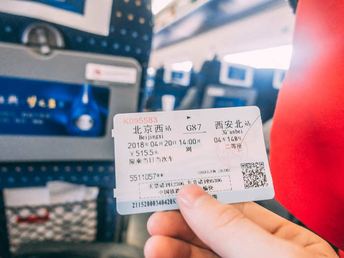 My ticket cost around $81 for a second-class seat. First class was around $130. Prices vary depending on the train, the route, and the day. A second-class ticket from Beijing to Shanghai (819 miles) costs around $88, while Beijing to Kunming (at 1659 miles, the longest route) costs around $176.