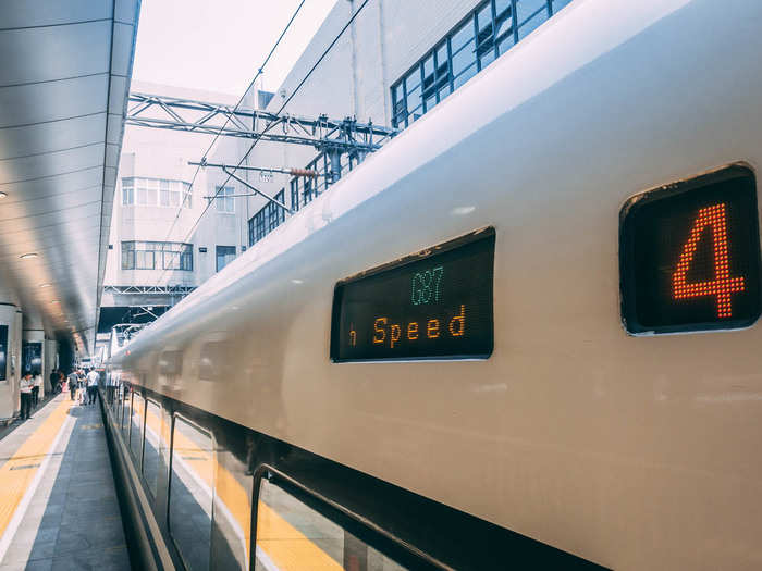 I found my carriage, four, and headed inside. China has multiple train classes. High-speed trains include the G-train I was to ride (usually 300 km/h, though there is the new Fuxing type that hits 350 km/h, about 185 mph), D-trains (250 km/h, or about 155 mph) and C-trains (200 km/h, or about 124 mph). There are also half a dozen other regular-speed trains.