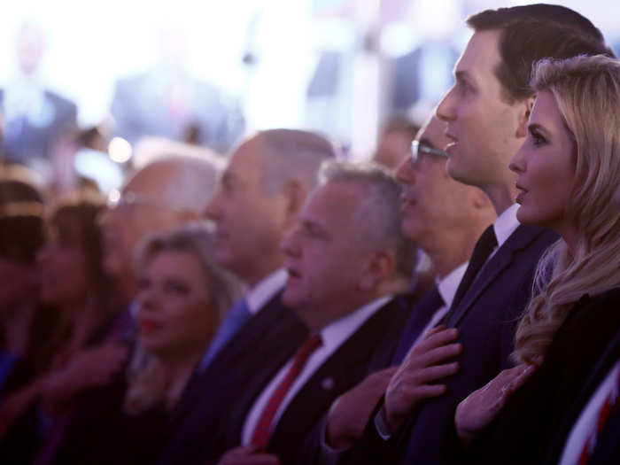 And here they are with Netanyahu and his wife Sara during the sounding of the US national anthem at the reception.