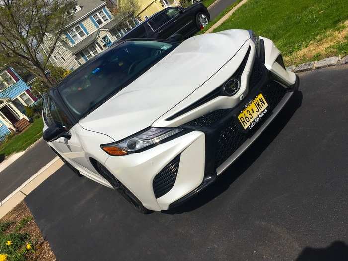The first thing you notice is the fresh sheet metal. In sport trim, the new Camry looks aggressive. In white and black, our test car liked like a giant Storm Trooper helmet from Star Wars. The angular front grille and chiseled spoilers...