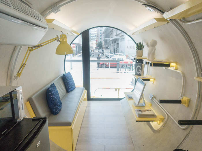 The O-Pod feels bright and spacious when you step inside. Though the floor space is 100 square feet, the curved walls and the tilted lights make it feel much bigger.