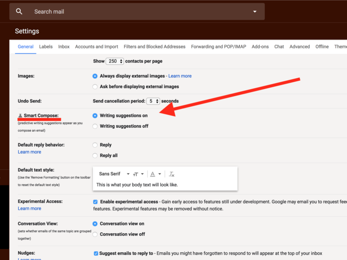 Now that your Gmail is open to experiments, return to your settings. You should see a new option called "Smart Compose." Make sure writing suggestions are turned on. That