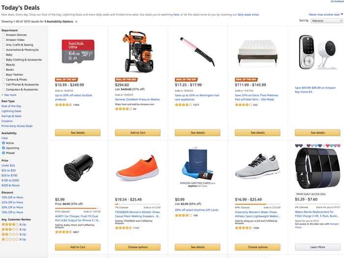 Both websites had deals of the day. On Amazon, the selection was random, with sneakers, watches, smart home devices, hair styling tools, and more, all on one page.