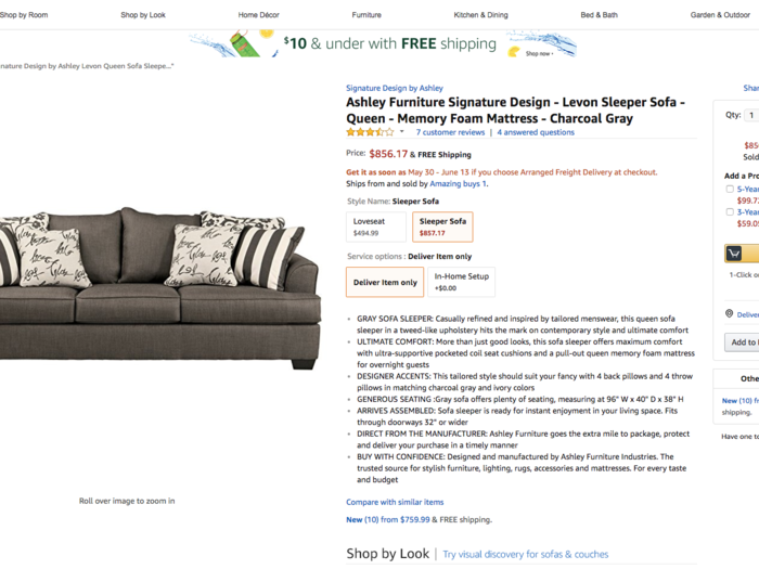 There were a few areas where prices differed between the sites. On Amazon, a couch from Ashley Furniture was $856.17, and the same couch was $888.05 on Jet.