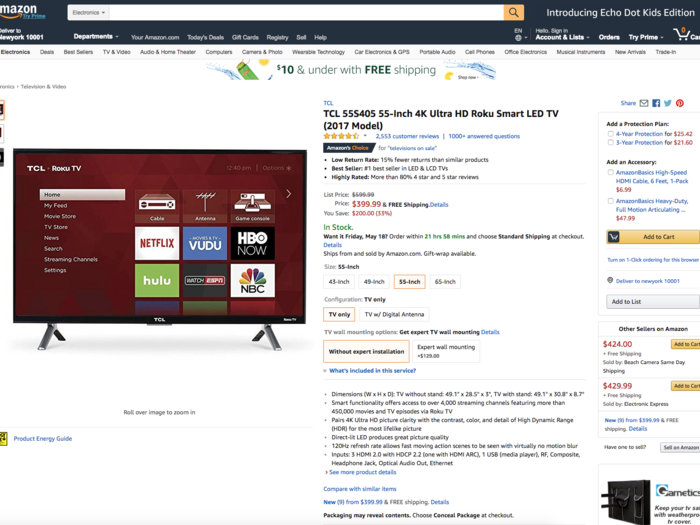 A 55-inch Roku smart TV cost the same on either site, and it qualified for free shipping on both.