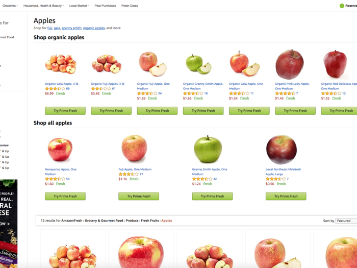 Prices were similar on the two sites. Single apples generally cost under $2, and packs of six or more cost between $4 and $7 on both sites. Amazon had a much bigger variety of groceries for sale than Jet did.