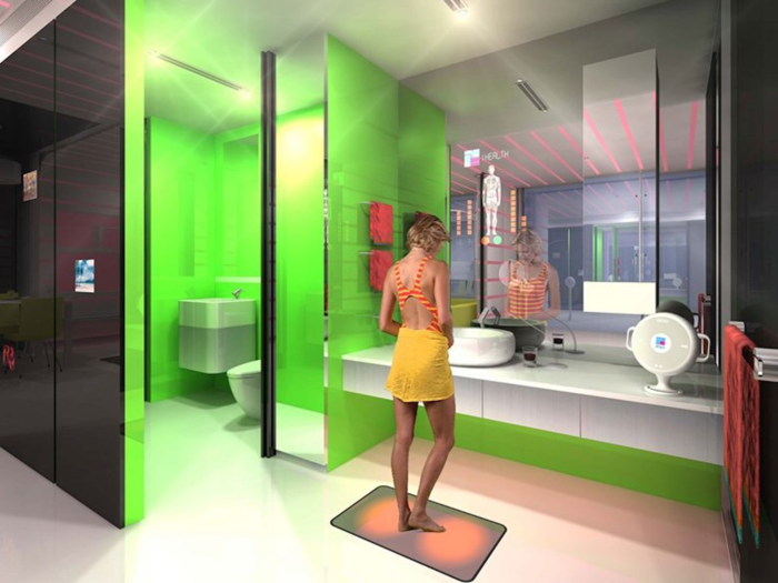 The bathroom includes smart features that allow it to monitor residents