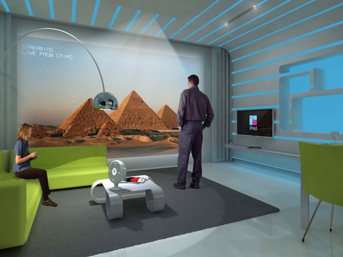 The apartments have a feature called iReality, which is a virtual reality projection that can be linked with views 62 different world destinations. The wall can also be used to video chat with friends and family.