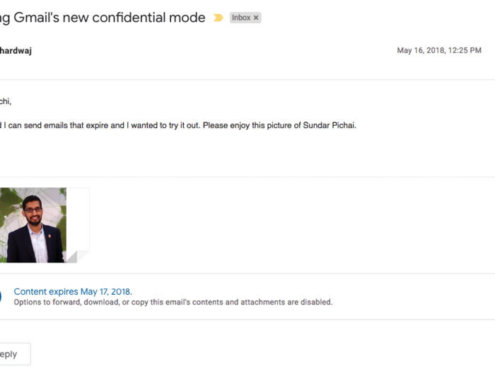 This is how the email appears once the passcode is entered, or — if the sender chooses not to send it as a passcode-protected email — upon opening. Notice the disclaimer at the bottom that tells the person on the receiving end at what point the contents will expire.