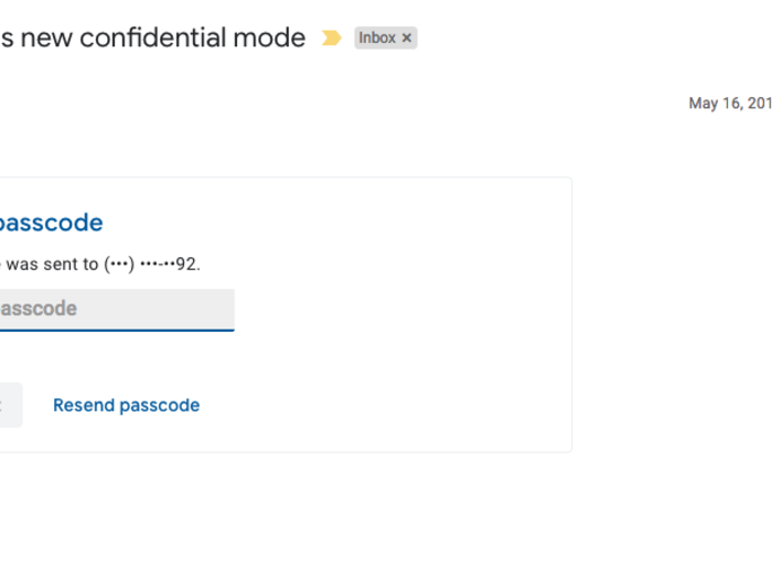 When the recipient hits "Send passcode," a Gmail-generated code is sent to their phone via text.