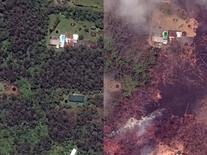 This before-and-after shot compares what one property in Leilani Estates looked like in May 2017 (left), with a shot of that same area May 14 after lava rolled through.