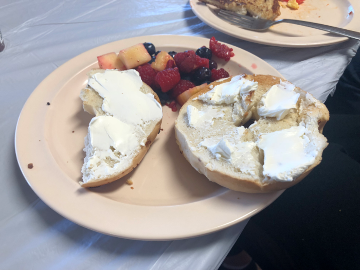 My bunkmates and I were all up and ready to go by 9 a.m. We headed on over to the dining room, where a spread of bagels, scrambled eggs, fresh fruit and oatmeal was laid out for us. There were also mimosas and rosé, for an early kick if you needed one.