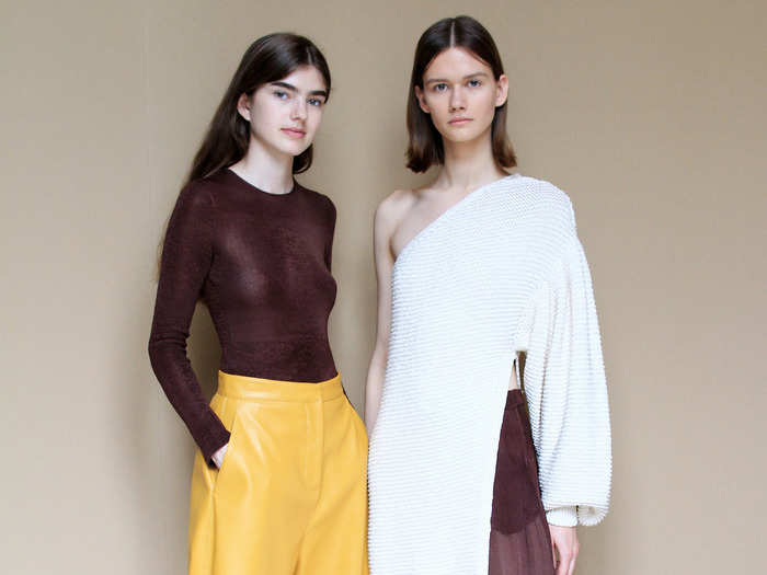 The brown-knitted blouse and trousers didn