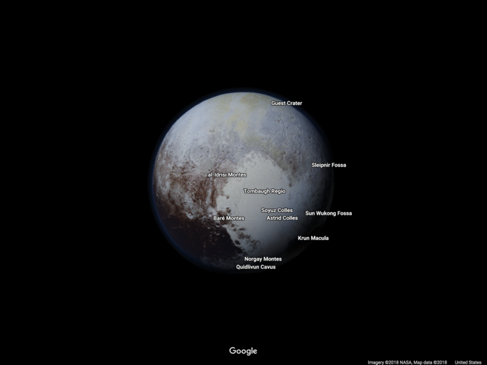 In all, Google Maps has 19 different planets and moons covered, including this one: the dwarf planet Pluto.