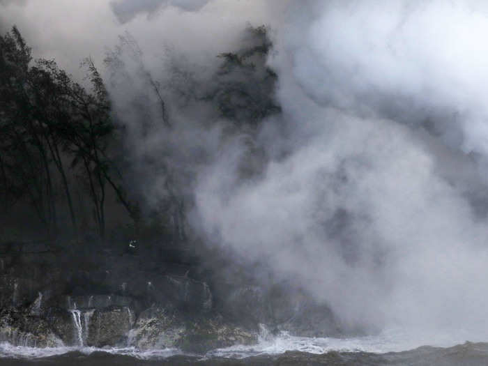 The heat from lava can boil fish alive in the water and leave them floating on the surface. That sometimes makes a convenient snack for seabirds.