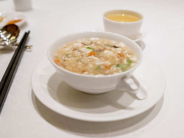 Next, I had an assorted seafood, minced pork, and bean curd (tofu) soup. The soup was thick and exemplified two main characteristics of Cantonese cooking — light, subtle flavors and an emphasis on seafood. The soup was thick and delicately flavored.