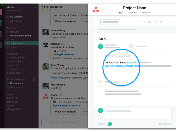 Once in Asana, the task includes information from the Slack conversation so that it