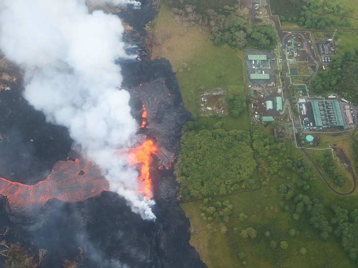 The lava flows are threatening the Puna Geothermal Venture Plant, with the lava stalled only 300 yards from the plant as of Tuesday morning, reports USA Today. If the lava breaches the plant, it could release hydrogen sulfide into the air — a flammable gas.