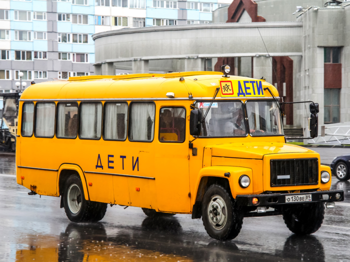 This bus in Novy Urengoy, Russia, says CHILDREN in capital letters. In Russia, the Pavlovo Bus Factory makes buses that are used throughout eastern Europe.