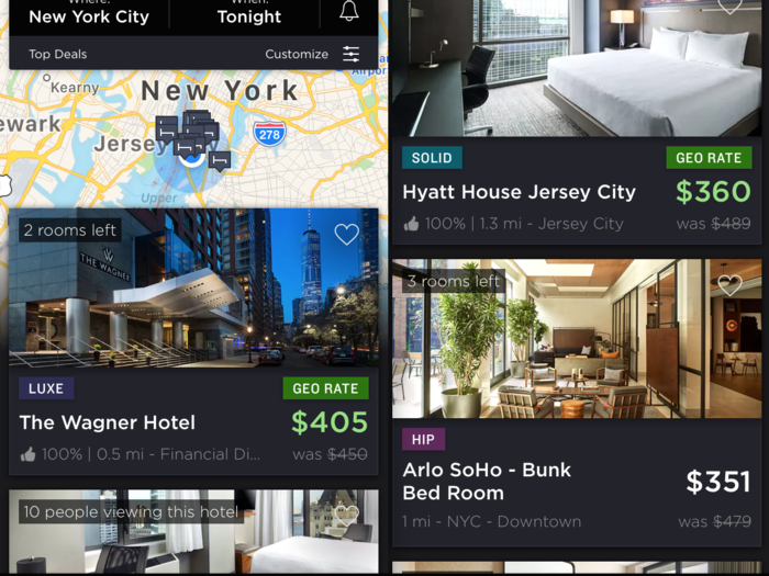 Hotel Tonight immediately picked up on my location and showed me nearby hotels that were still available. It described each hotel as "solid," "luxe," or "hip" and showed both the original price and the price you