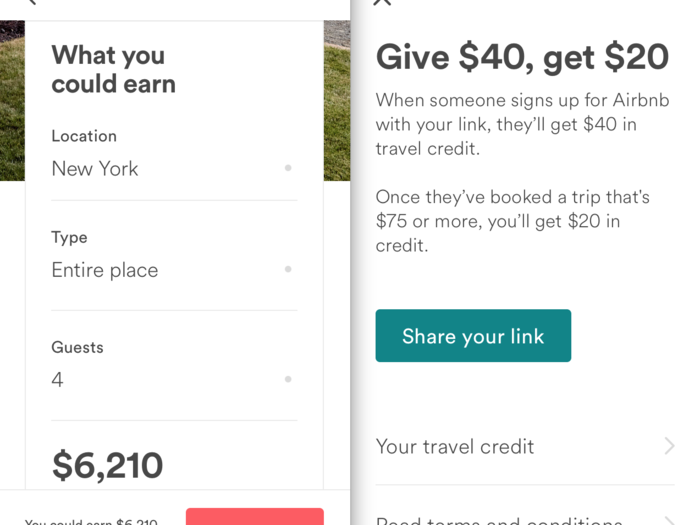 Airbnb offers information about becoming a host and earning money through the app, displaying the earning potential in the market you