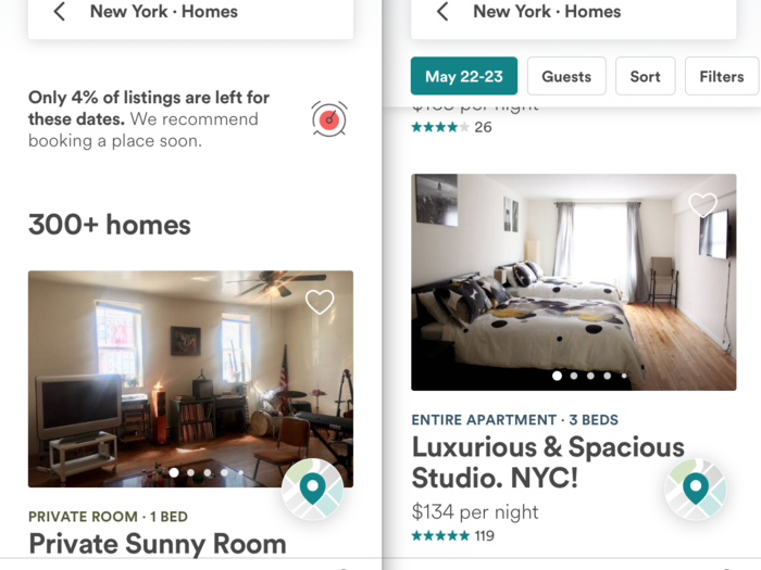 To compare the app to Hotel Tonight, I looked for a last-minute listing in New York. There was a surprising number of listings still open for that night, ranging from private rooms to entire two-bedroom apartments around New York City. Prices ranged from $50 for the night to over $200 — still definitely cheaper than any hotel you