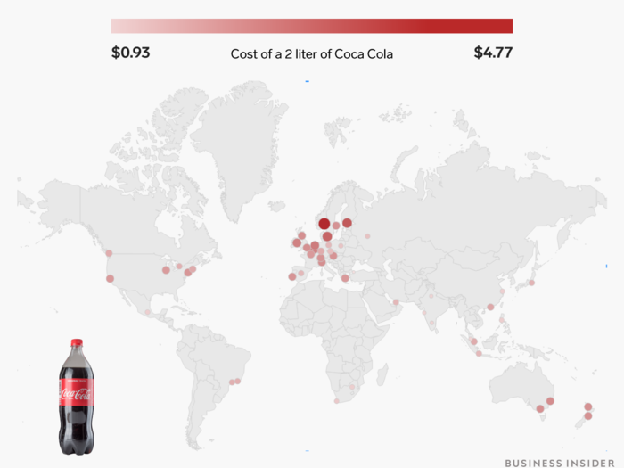 A 2-liter bottle of Coca-Cola ranges from under $1 to $5.